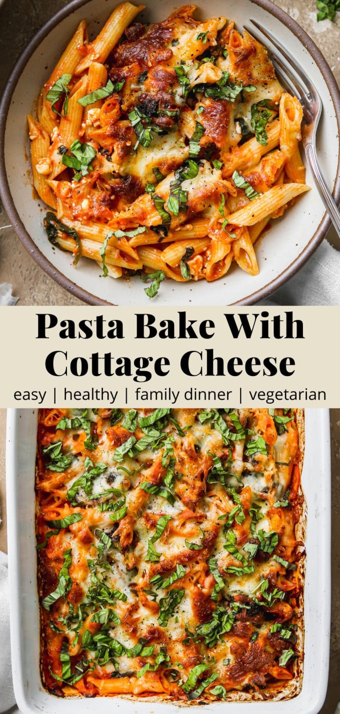 Pinterest graphic for a cottage cheese pasta bake recipe.