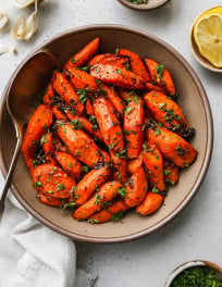Honey roasted carrots in a serving bowl.