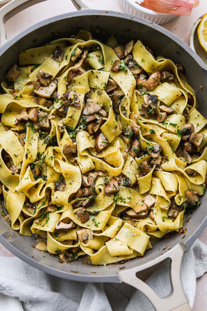 Healthy miso mushroom pappardelle pasta in a skillet.