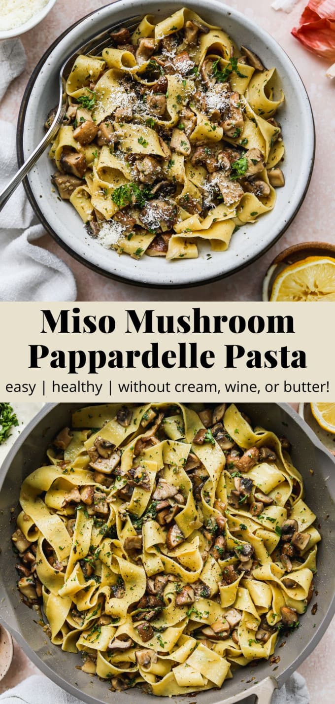 Pinterest graphic for a healthy miso mushroom pappardelle pasta recipe.